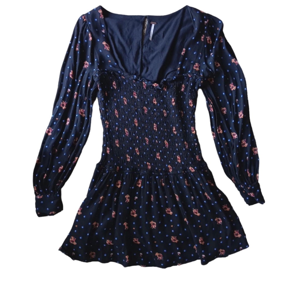 Free people two faces black floral smocked keyhole back boho mini dress sz S